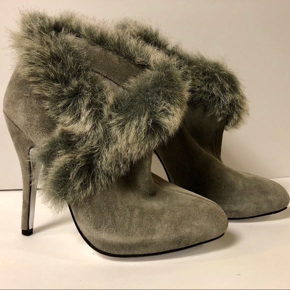 Mariah Shoes - Mariah Grey Suede Fur Trimmed Gray Boots 7W